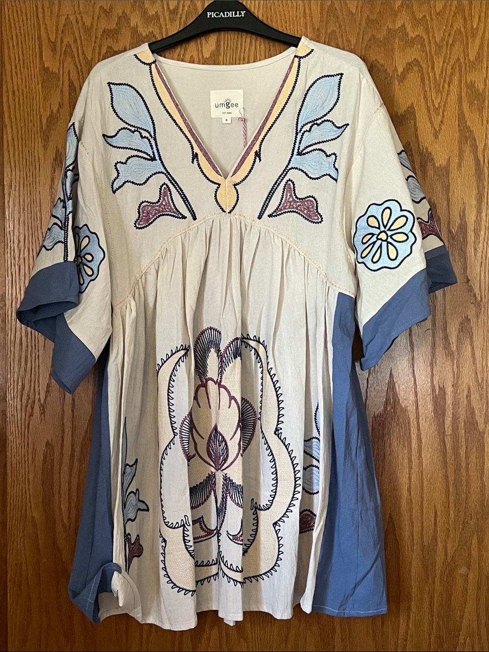 Umgee Cream Embroidered Dress with Blue and Purple Accents - Picture 1 of 3